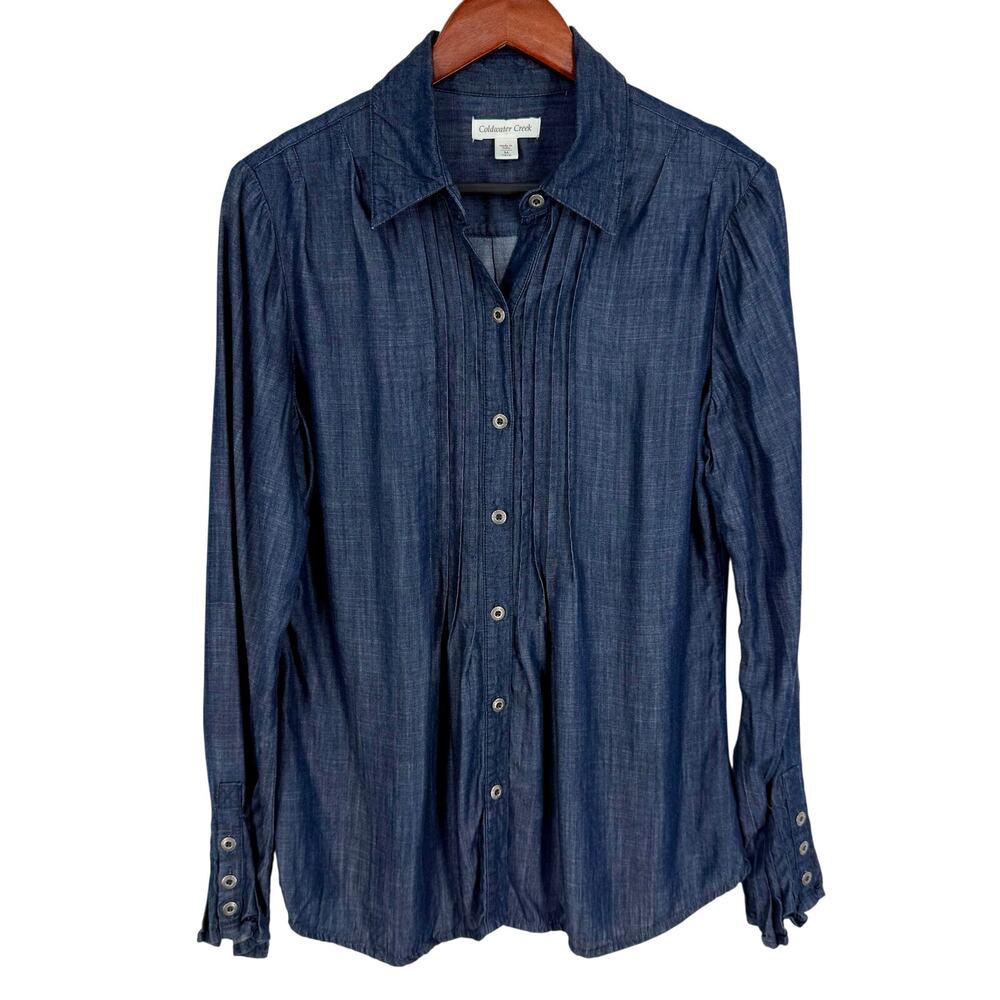 Coldwater Creek Sz Medium 10-12 Chambray Denim Long Sleeve Blouse Shirt Top